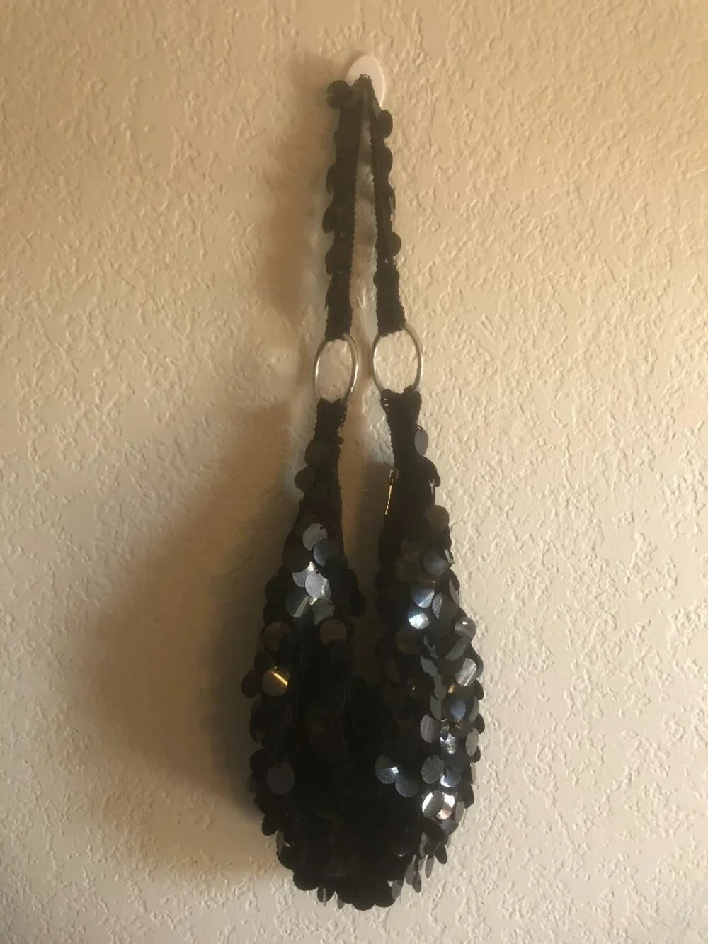 Black Crochet Knit Paillette Sequins Hobo Bag Purse Handbag